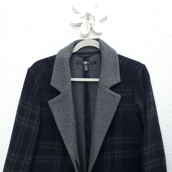 7 For All Mankind Wool Navy Longline Plaid Academia Peacoat - Picture 4 of 15